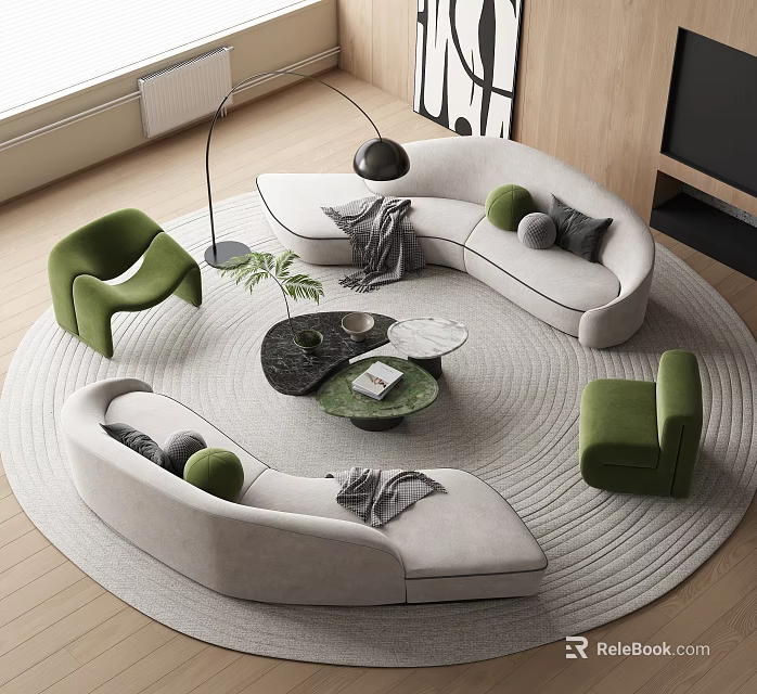 Elegant Modern Living Room Curved Sofa Coffee Table Set with Green Accent Chair Round Rug 3d model 