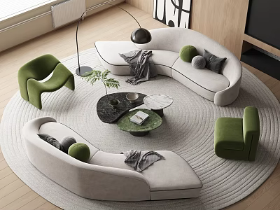 Elegant Modern Living Room Curved Sofa Coffee Table Set with Green Accent Chair Round Rug 3d model