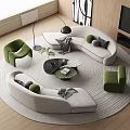 Elegant Modern Living Room Curved Sofa Coffee Table Set with Green Accent Chair Round Rug