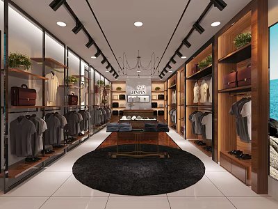 Modern Clothing Store Interior With Display Racks Clothes Bags Shoes And Chandelier 3d model