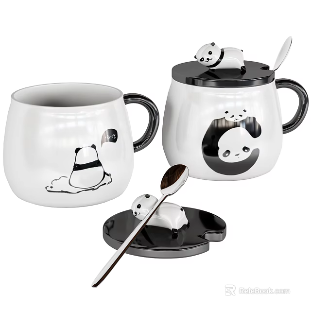 Cute White Mugs with Panda Design and Matching Lid and Spoon 3d model 