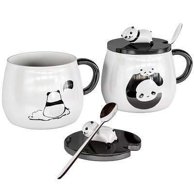 Cute White Mugs with Panda Design and Matching Lid and Spoon 3d model