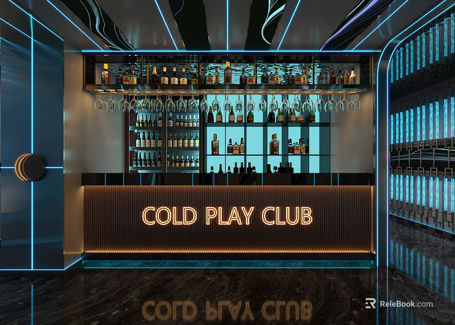 Stylish Cold Play Club KTV Interior With Bar Counter Wine Bottles Glasses And Modern Lighting 3d model 