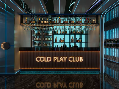 Stylish Cold Play Club KTV Interior With Bar Counter Wine Bottles Glasses And Modern Lighting 3d model