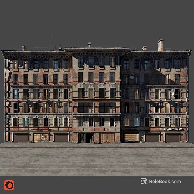 Old Multi Storey Building Facade With Worn Bricks Windows And Balconies 3d model 