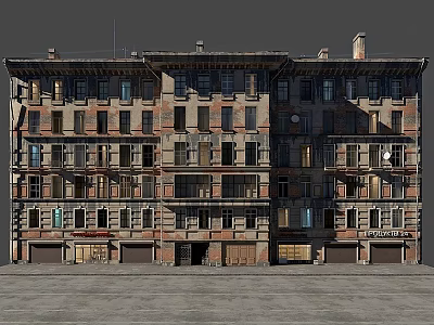 Old Multi Storey Building Facade With Worn Bricks Windows And Balconies 3d model