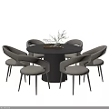 Modern Round Dining Table Set With Six Upholstered Chairs And Plant Decoration