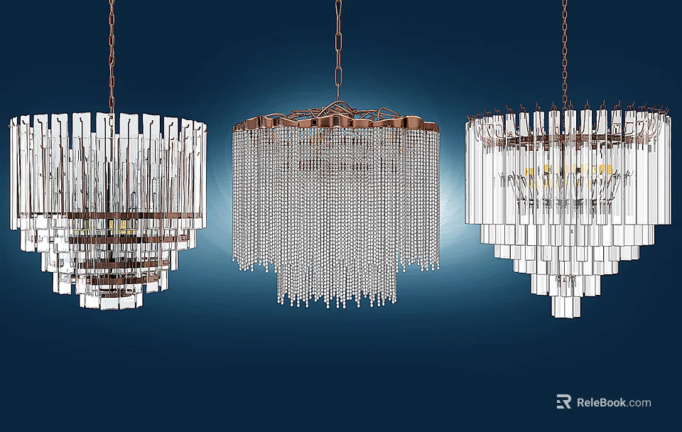 Elegant Sparkling Crystal Chandeliers Three Different Designs Hanging On Blue Background 3d model 