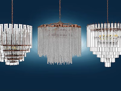 Elegant Sparkling Crystal Chandeliers Three Different Designs Hanging On Blue Background 3d model