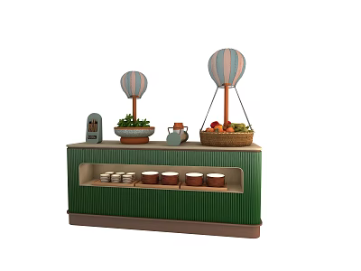 Stylish Green Brown Sideboard With Hot Air Balloon Models Plants Fruit Basket Kettle And Containers 3d model