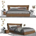 Comfortable Double Bed with Brown Upholstered Headboard Gray Bedding and Side Tables 3d model