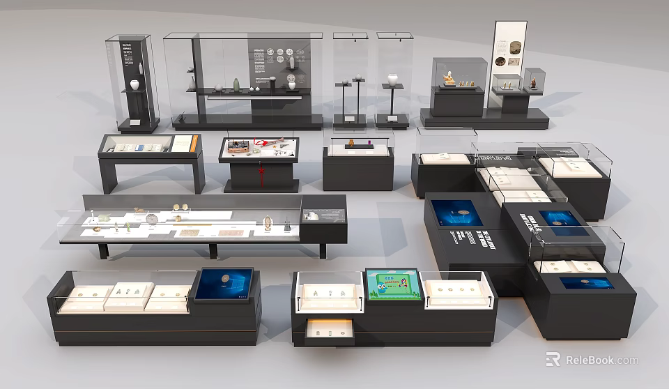 Museum Exhibition Showcases With Various Glass Display Cases And Artifact Exhibits 3d model 