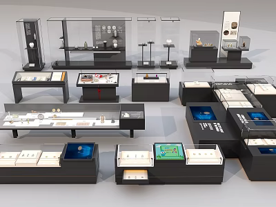 Museum Exhibition Showcases With Various Glass Display Cases And Artifact Exhibits 3d model