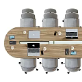Modern Wooden Conference Table With Gray Rolling Chairs Laptops And Meeting Equipment