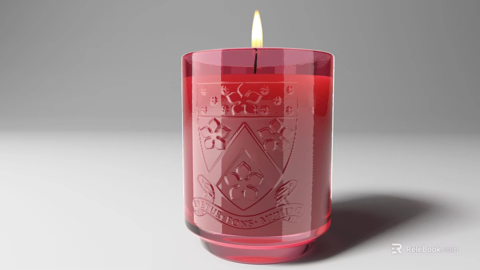 Red Transparent Glass Candle With Engraved Emblem Design And Burning Flame 3d model 