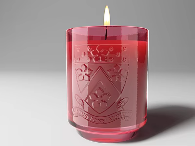 Red Transparent Glass Candle With Engraved Emblem Design And Burning Flame 3d model
