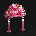 Pink And Yellow Floral Arch Art Installation With Decorative Pillars And Green Leaves