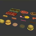 Assorted Food Collection With Hamburgers Steaks Sliced Meat Bread Rolls And Cookies