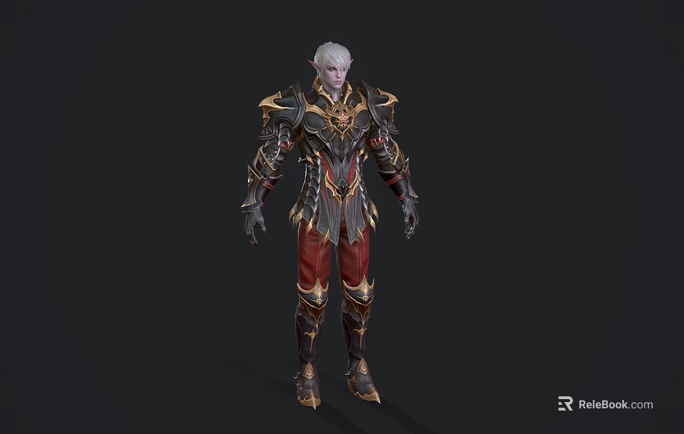 White Haired Elf Warrior Character With Pointed Ears And Ornate Gold Red Armor 3d model 