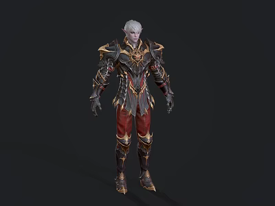 White Haired Elf Warrior Character With Pointed Ears And Ornate Gold Red Armor 3d model