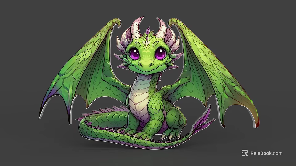 Cute Green Dragon with Purple Eyes and Large Wings Sitting 3d model 