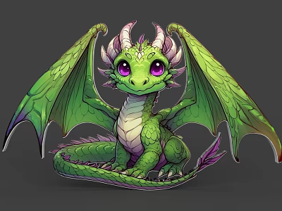 Cute Green Dragon with Purple Eyes and Large Wings Sitting 3d model