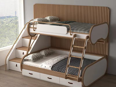 Modern Bunk Bed With Staircase Storage Drawers Wooden Headboard And White Frame 3d model