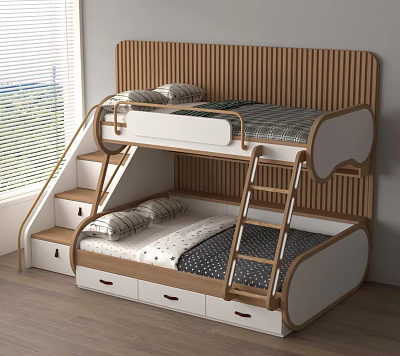 Modern Bunk Bed With Staircase Storage Drawers Wooden Headboard And White Frame 3d model