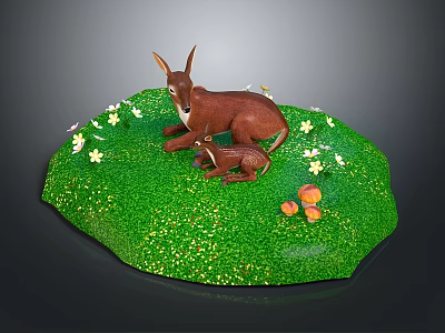 Decorative Antelope Scene With Green Grassy Base White Flowers And Orange Mushrooms 3d model