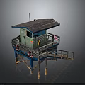 Elevated Lifeguard Tower With Blue Roof Green Walls Lifebuoys And Wooden Stairs