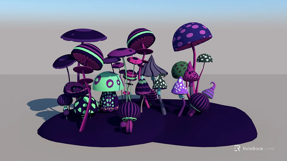Colorful Mushrooms With Various Shapes Polka Dots And Stripes In Purple Green Pink 3d model 