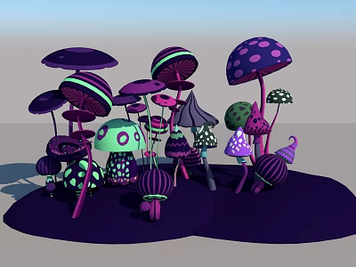 Colorful Mushrooms With Various Shapes Polka Dots And Stripes In Purple Green Pink 3d model