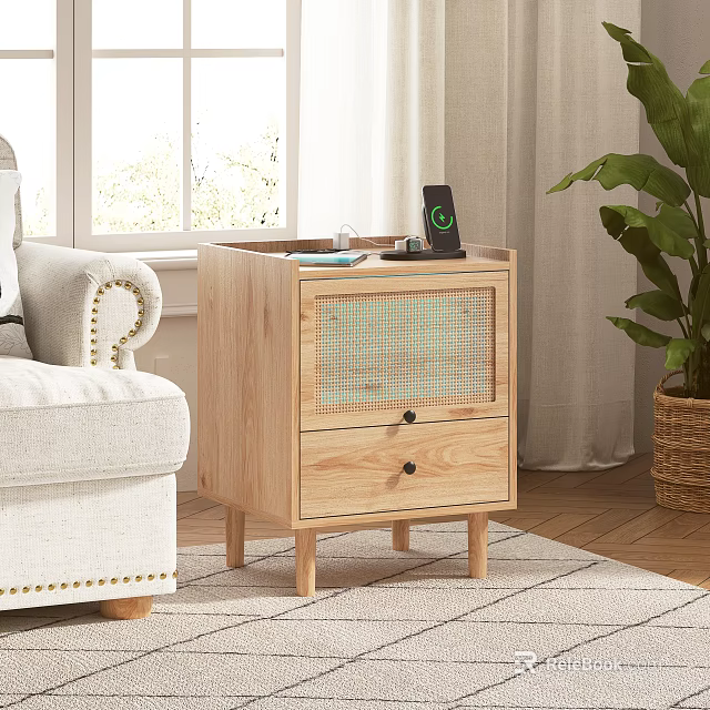 Natural Wood Chest of Drawers With Woven Front And Two Drawers In Living Room 3d model 