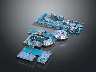 Futuristic Cartoon Cityscape Scene with Domed Buildings Blue Platforms and Tower Structures 3d model