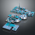 Futuristic Cartoon Cityscape Scene with Domed Buildings Blue Platforms and Tower Structures