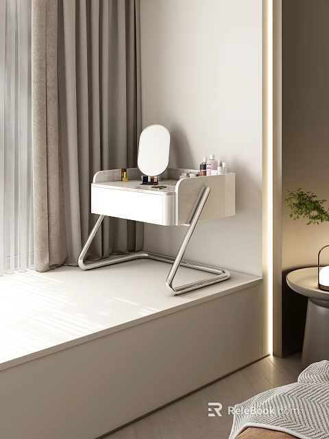 Modern White Dressing Table with Metal Frame Round Mirror and Cosmetics in Bright Room 3d model 