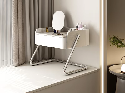 Modern White Dressing Table with Metal Frame Round Mirror and Cosmetics in Bright Room 3d model