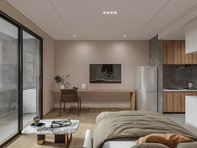 Modern Apartment Interior Featuring Soft Tones Bed Sofa Wooden Accents Marble Tabletop And Decorative Painting 3d model