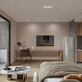 Modern Apartment Interior Featuring Soft Tones Bed Sofa Wooden Accents Marble Tabletop And Decorative Painting