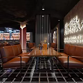 Elegant Modern Restaurant Interior With Leather Seats Wooden Tables And Wine Racks