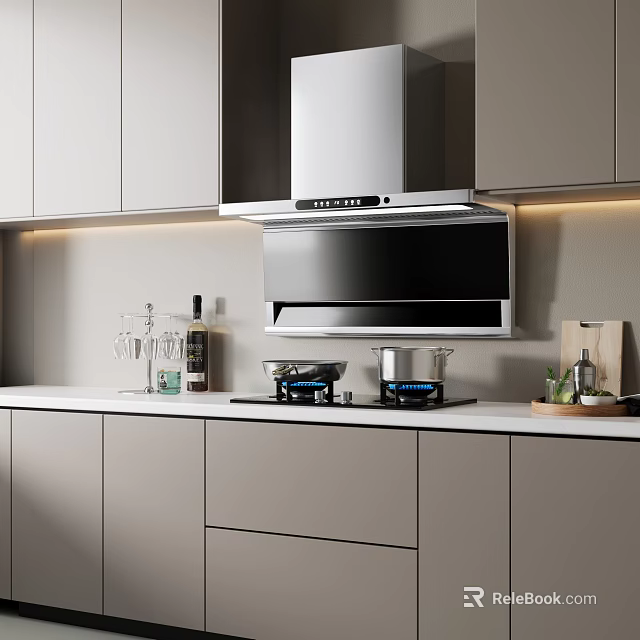 Modern Kitchen Interior With Gray Cabinets Range Hood Cooktop Countertop And Appliances 3d model 