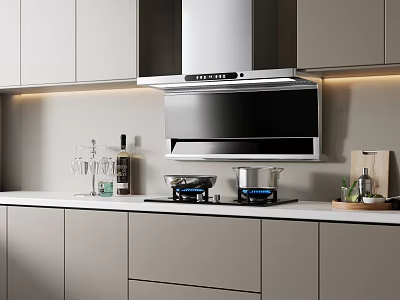 Modern Kitchen Interior With Gray Cabinets Range Hood Cooktop Countertop And Appliances 3d model