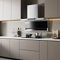 Modern Kitchen Interior With Gray Cabinets Range Hood Cooktop Countertop And Appliances
