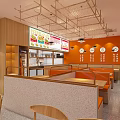 Vibrant Orange Restaurant Interior With Dining Tables Chairs Menu Display And Chef Logo