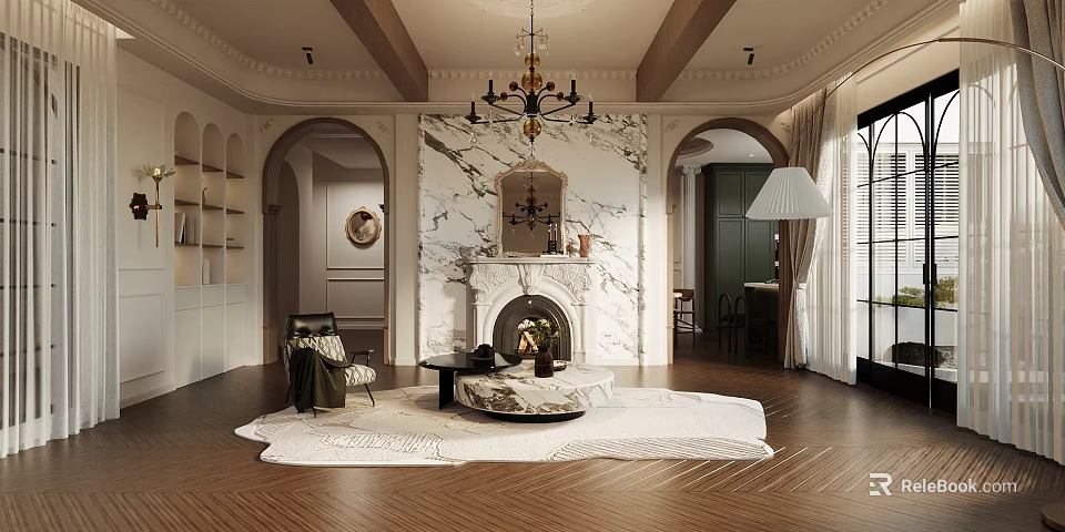 Elegant Modern Living Dining Room With Marble Fireplace Chandelier And Wooden Floor Rug 3d model 