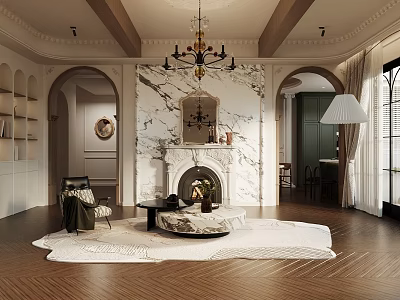 Elegant Modern Living Dining Room With Marble Fireplace Chandelier And Wooden Floor Rug 3d model