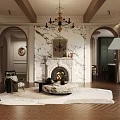 Elegant Modern Living Dining Room With Marble Fireplace Chandelier And Wooden Floor Rug