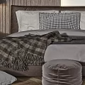 Cozy Double Bed with Wooden Background Chandelier Pillows Bedside Tables and Green Chair