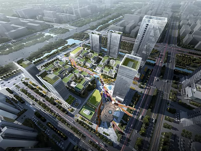 Modern Industrial Factory Building With Urban Roads Green Spaces And High Rise Structures 3d model