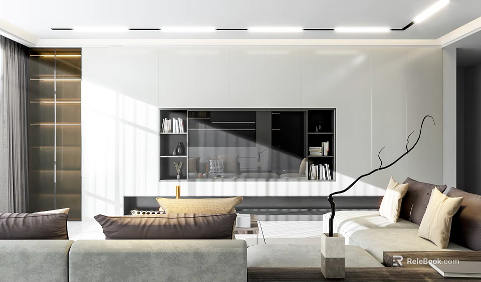 Modern Living Room Interior With Sofa TV Wall Unit And Decorative Bookshelves 3d model 